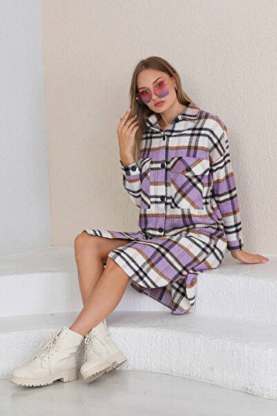 Polologin Butik Mor Beyaz Ekoseli Kışlık Gömlek Elbise