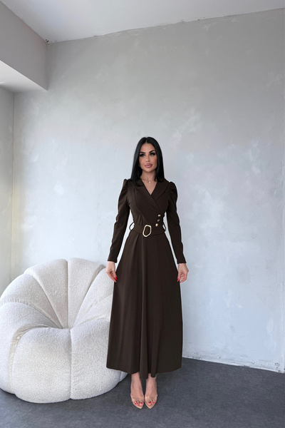 LİLA İSTANBUL Double-Breasted Collar Button Detailed Belted Brown Dress