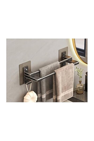 Generic رف مناشف، قضيب مناشف بدون حفر، 16 بوصة، حامل مناشف مزدوج الطبقات مع خطافين، لاصق ذاتي وW