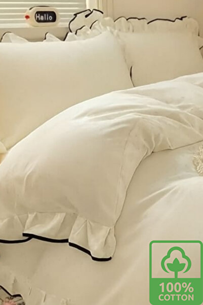 WEXSA %100 Pamuk Doğal Natural Boyasız Çift Kişilik Fırfırlı Nevresim Seti