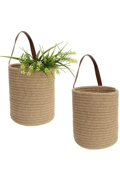 Generic Set of 2 Wall Hanging Storage Basket - Jute Woven Basket with Leather...