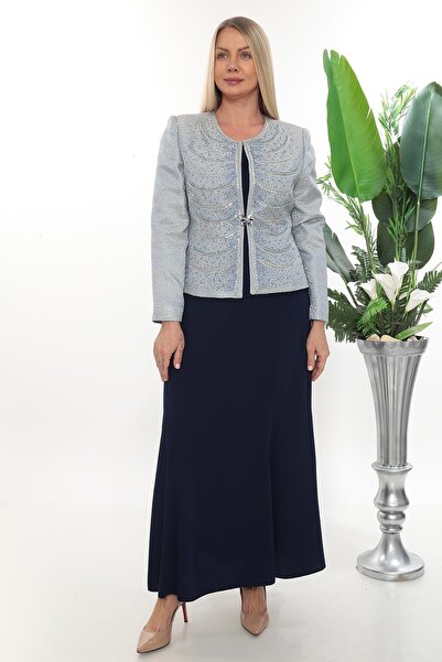 MİSS DİAMOND طقم ثلاثي بحاشية طويلة باللون الأزرق الداكن مع سترة مبطنة بفتحة ...