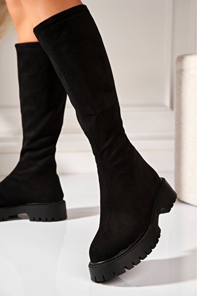 Joana Ghete de damă negre din piele întoarsă artificială, căptușite cu blană, mărimea 39