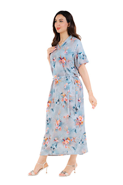 amaan Women's Floral Print Midi Jalabiya Dress, Short Sleeve V-Neck with Belt, Modern Design for Ocassion