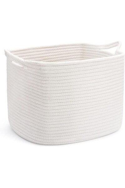 Generic سلة تخزين مربعة من القطن المنسوج من Aputue، صندوق تخزين مزخرف أبيض بمقابض متينة، منظم