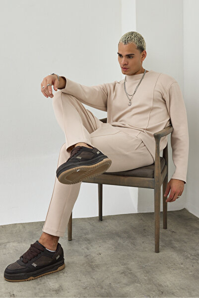 MADZEYMODA Premium Men's Modal Fabric Crew Neck Beige Top and Bottom Set Ls-82014