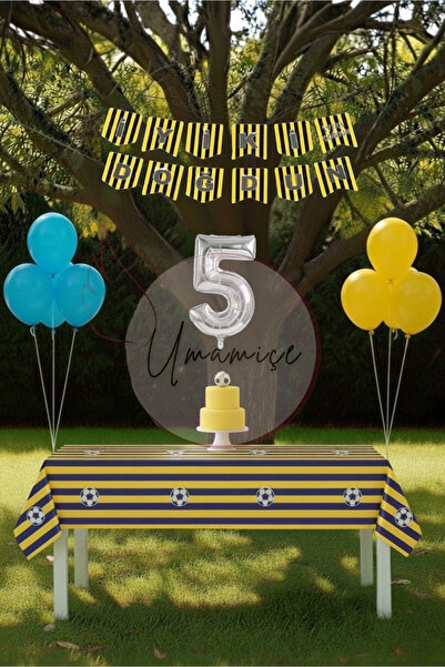 Umamiçe مجموعة حفلات عيد الميلاد ذات طابع أصفر وأزرق داكن لعمر 5 سنوات - مفرش طاولة + لافتة + 5 بالونات على شكل أرقام + بالونات