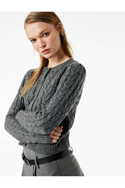 Koton Buttoned Crew Neck Long Sleeve Hair Braid Textured Knitwear Cardigan