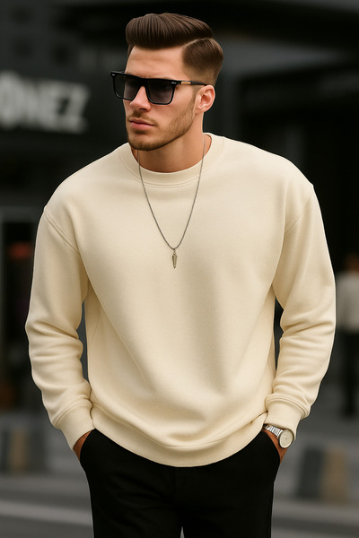BRLKN Bisiklet Yaka Oversize Şardonlu Basic Erkek Sweatshirt TR4477
