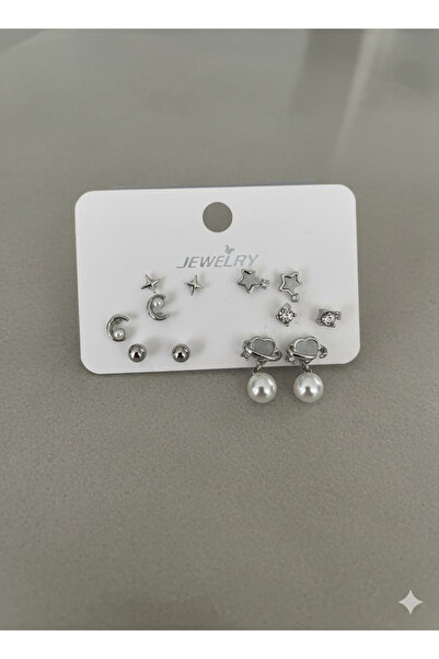 selfquality Kadın Gümüş Renk Altılı Karışık Figürlü Set Küpe