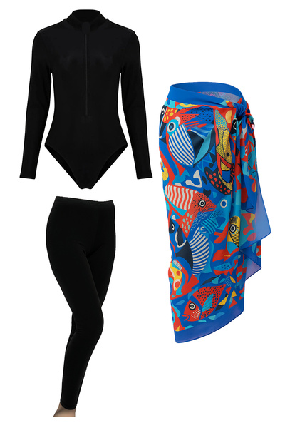 CUPSEA Black Long Sleeve Bodysuit Swimsuit Lycra Long Tights Fish Pattern Pareo Set of 3 Hijab