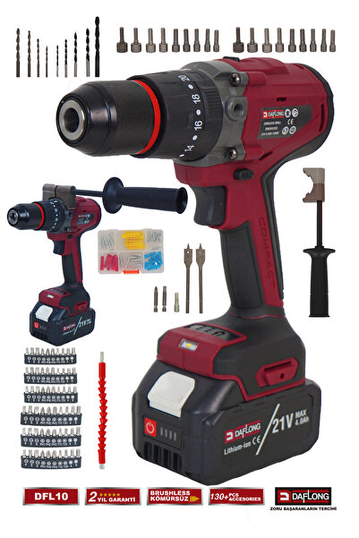 DAFLONG PRO 21V 4AH KÖMÜRSÜZ TORKLU ŞARJLI DARBELİ YANDAN TUTMALI 13 MM MATKAP VİDALAMA- DFL10