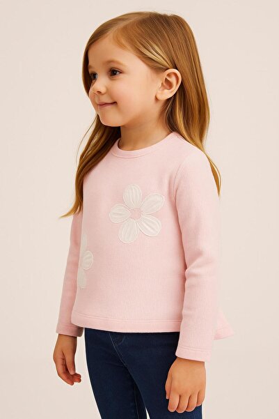 Ramior Детска блуза с разкроени ръкави и апликация с цветя - прахово розово
