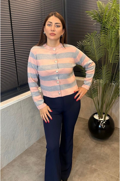 MİR STORE سترة مخططة باللونين الوردي والرمادي