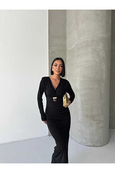 aytenli Double-Breasted Yaka Gold Buckle Belt Accessory Side Gathered Side Slit Lined Long Dress