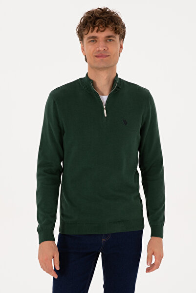 U.S. Polo Assn. سترة رجالية أساسية بسحاب نصفي قصة ضيقة باللون الأخضر الداكن 50313695-VR079