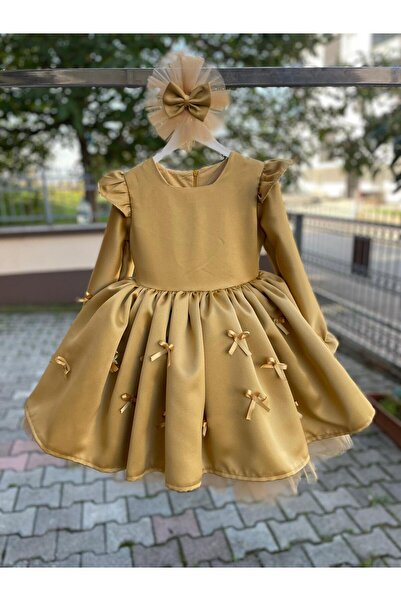 Sare Çocuk Giyim Χρυσό Φιόγκο Χειμερινό Παιδικό Βραδινό Φόρεμα