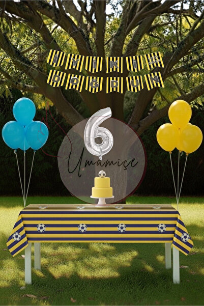 Umamiçe مجموعة حفلات عيد الميلاد ذات طابع أصفر وأزرق داكن لعمر 6 سنوات - غطاء طاولة + لافتة + 6 بالونات على شكل أرقام + بالونات