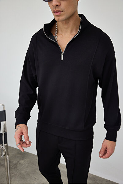 MADZEYMODA Premium ανδρικό υφασμάτινο σετ με μισό φερμουάρ ψηλός λαιμός μαύρο και πράσινο σετ LS-87009