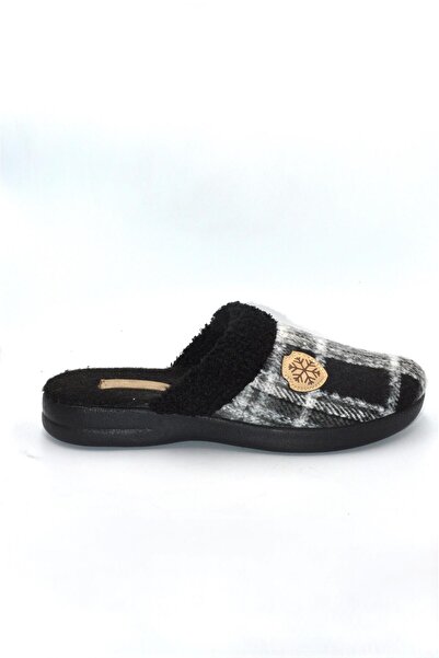 Biocomfort Men's Black Square Patterned Winter Felt House Slippers
