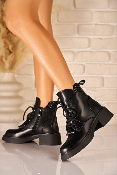 Joana Μαύρες δερμάτινες μπότες με επένδυση fleece