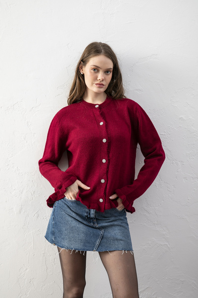 Loov Cardigan cu mâneci lungi și detaliu cu volane, cu decolteu tip crew - Ca...