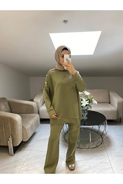 Miraydın Butik Women's Buttoned Pants Double Scuba Suit M52817 - Green