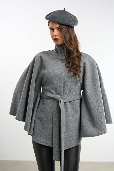 My Loore Palton gri cu curea și detalii cu nasturi MLB089
