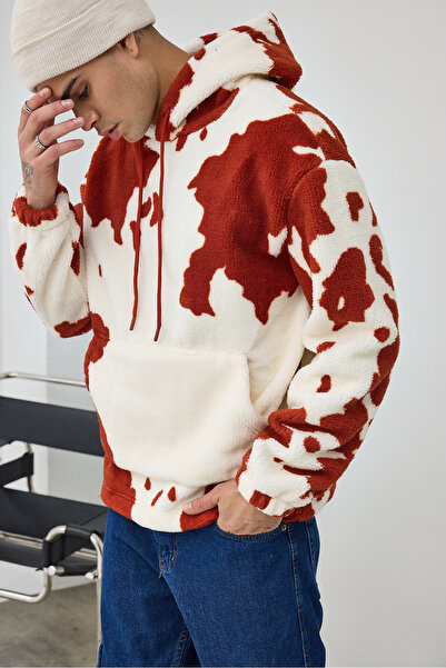 MADZEYMODA Premium Men's Hooded Tile - White Patterned Plush Sweatshirt Ls-87012