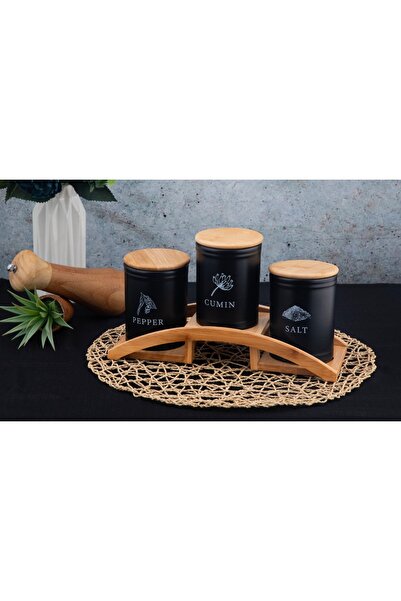 naturelove 3-Piece Porcelain Black Bamboo Lid Spice Jar Set, Spice Jar Set wi...