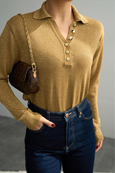 CADDELAMODA Kadın Uzun Kollu Polo Yaka Gold Düğmeli Simli Triko