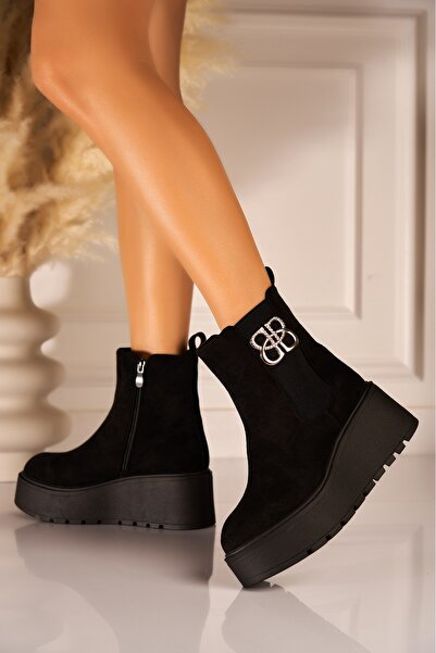 Joana Cizme negre cu platformă din piele întoarsă artificială și căptușeală din blană