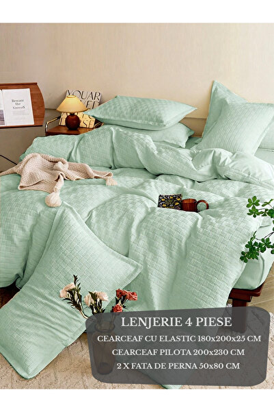 Patul Lenjerie de Pat, Bumbac Finet Creponat, 4 Piese, Cearceaf cu elastic