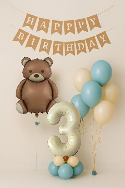 PARTİAVM Cute Retro Teddy Bear Balloon Set Bear Themed 3Rd Birthday Balloon Set Happy Birthday Banner