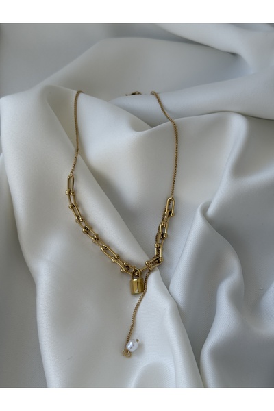 NB STEELORA 316L Steel Gold Color Tiffany Chain Model Lock Figure Dangle Pearl Detail Necklace