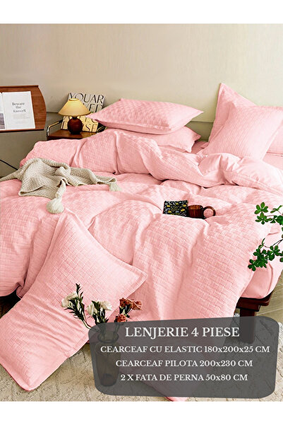 Patul Lenjerie de Pat, Bumbac Finet Creponat, 4 Piese, Cearceaf cu elastic, 2...