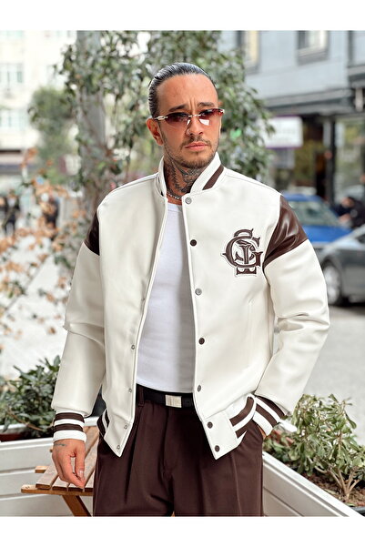 manch collection Δερμάτινο oversized College Jacket λευκό
