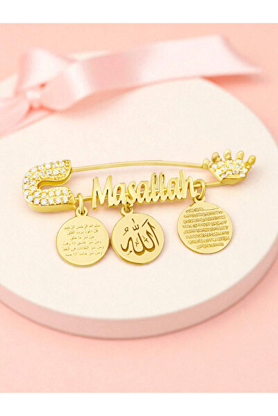 LITTLELUXE 925 Ayar Gümüş Bebek Maşallah İğnesi, Maşallah Yazılı Bebek İğnesi, Bebek Maşallah Yaka İğnesi