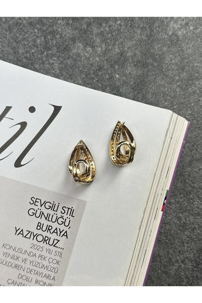 Serenity Atelier Boutique SAB Yeni Sezon Gold Zirkon Taş Detaylı Veni Küpe