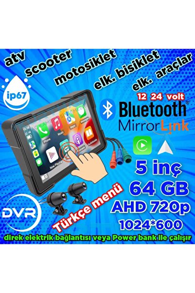 Twogo 2 TEKERLİ ARAÇLAR İÇİN 5'' DVR MONİTÖR + ÖN VE ARKA KAMERA CARPLAY VE ANDROİD AUTO