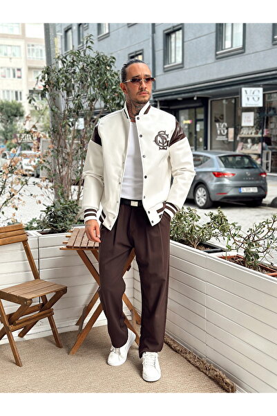 manch collection Δερμάτινο oversized College Jacket λευκό