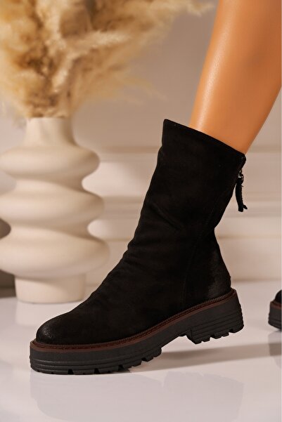 Joana Ghete de damă negre din piele întoarsă, talie înaltă, 41