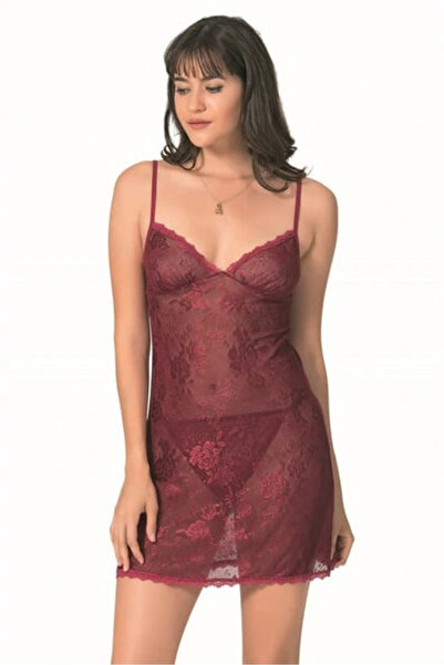 PRIMODA Ahu Women's Jacquard Lace Pantyhose Wine Color Nightgown Set