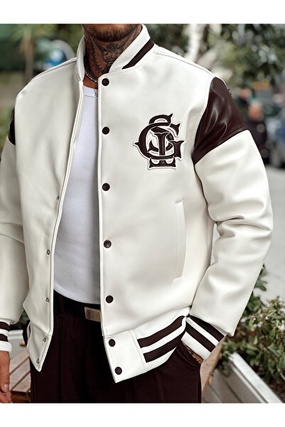 manch collection Δερμάτινο oversized College Jacket λευκό