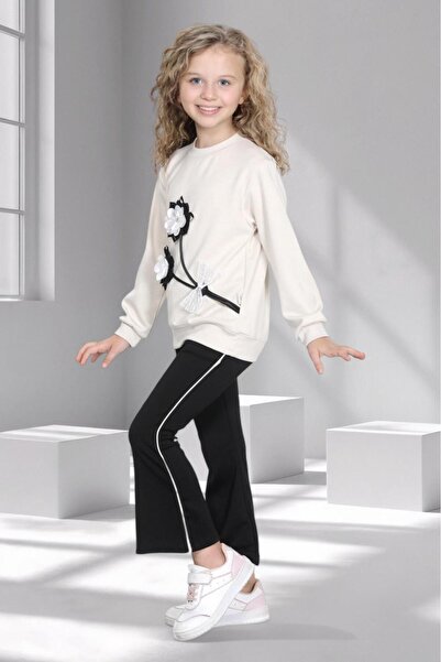 mhk burç bebe Girl's Floral Top and Bottom Set – Sweatshirt and Flared Pants - Ages 2 - 9