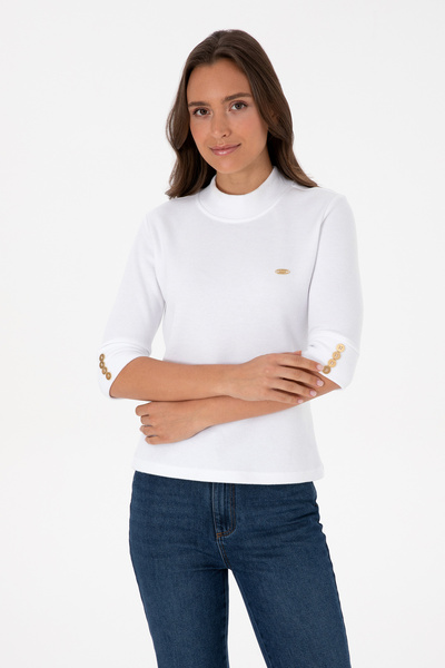 U.S. Polo Assn. Women's White Button Detailed Turtleneck Sweatshirt 50314156-Vr013