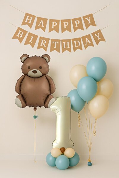 PARTİAVM Cute Retro Teddy Bear Balloon Set Bear Themed 1St Birthday Balloon Set Happy Birthday Banner