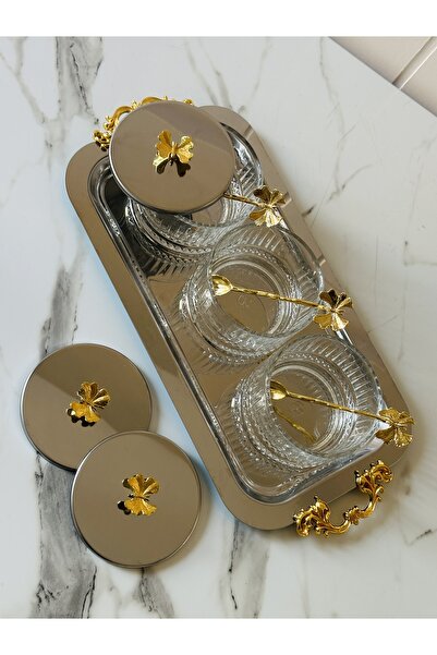 Melinda Silver Tray-Gold Butterfly Detachable Handle Detailed Glass Bowl Breakfast Jam Bowl Snack Bowl Set