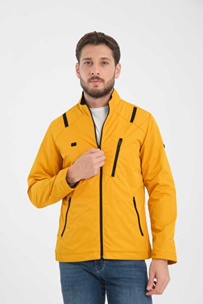 Wise Men's Yellow Zippered Striped Combed Cotton Lined Spring Coat Windproof
