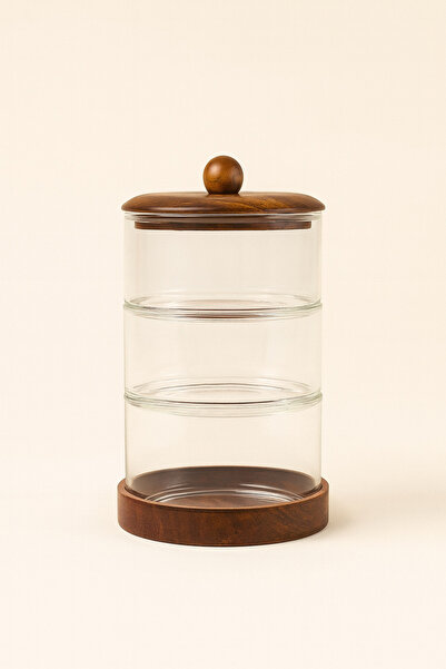 Mirilliahome 3 Katlı Cam Şekerlik | Vakumlu Kapaklı Akasya Ahşap Saklama Kabı